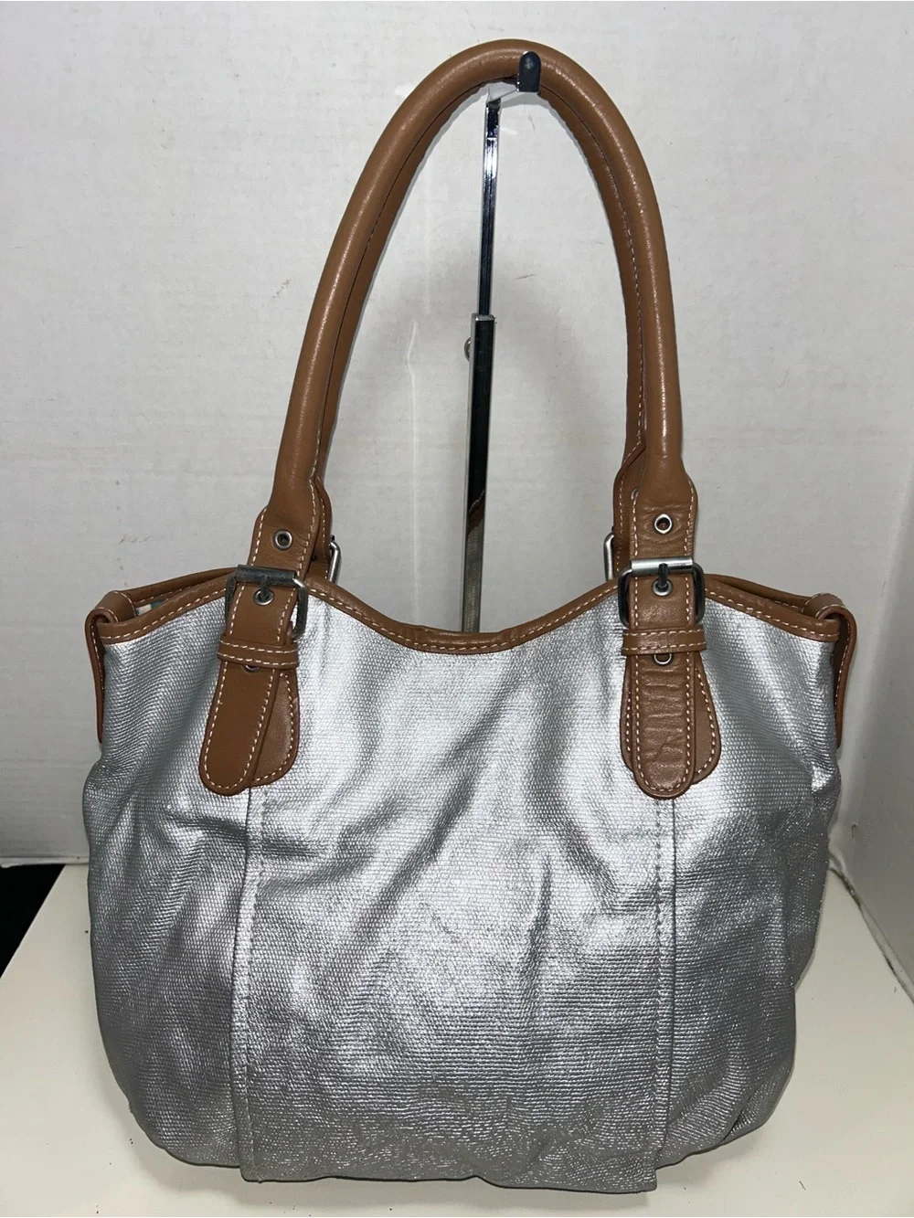 Boden Silver Metallic Coated Corton Tan Leather Tote Shoulder Bag